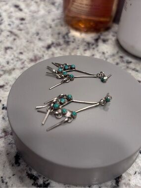 Sterling Silver Turquoise Bead Dangle Earrings - Teal Snake eyes